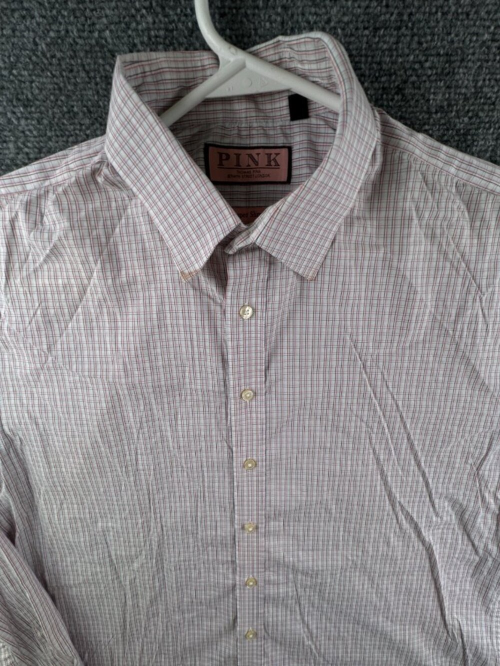 Thomas Pink Men Long Sleeve Button Up Shirt 16.5 Red Blue Check Cotton Stretch *